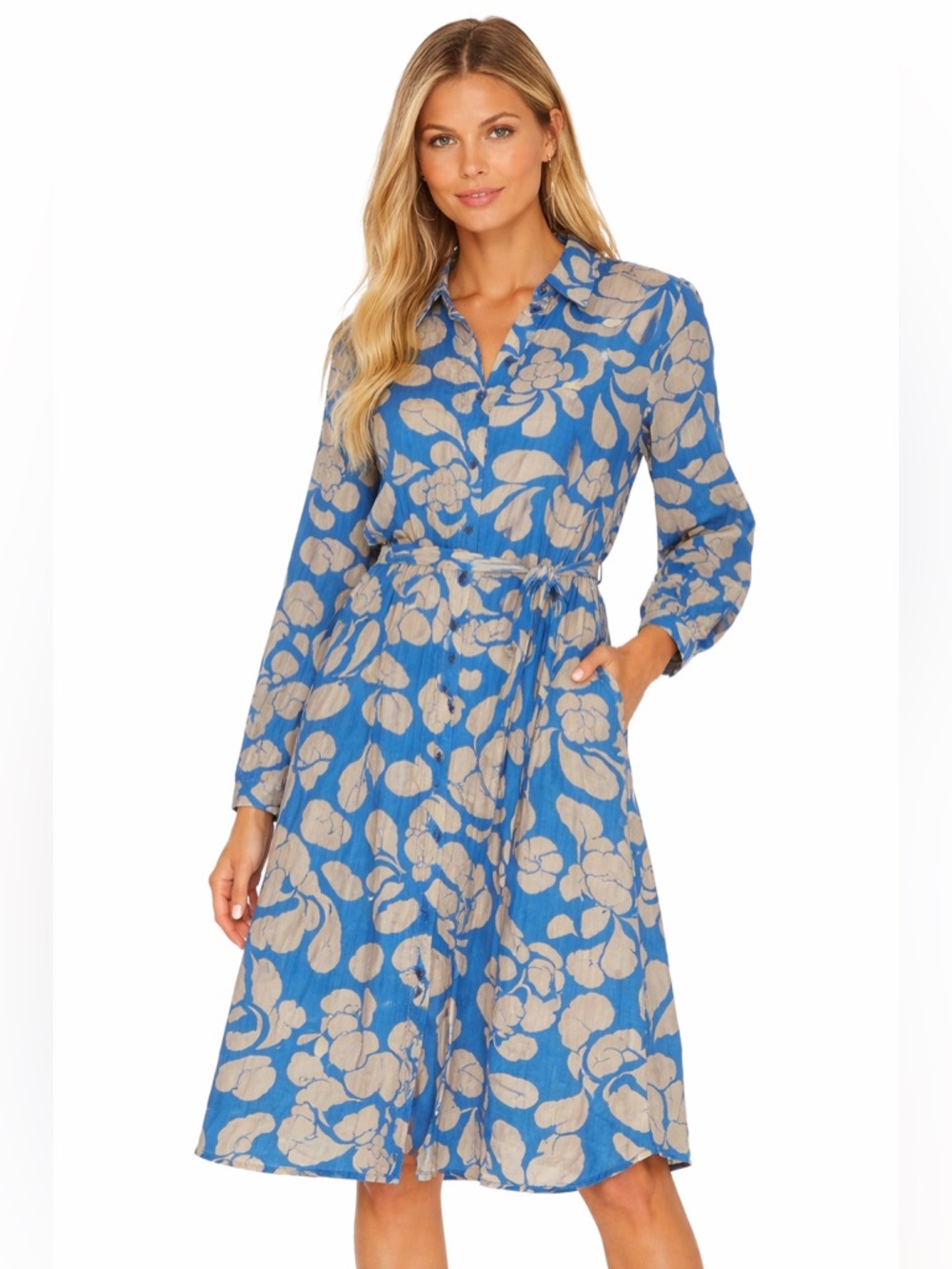 Vero Moda Floral Shirt Dress Blue Beige m Lightweight Midi Small